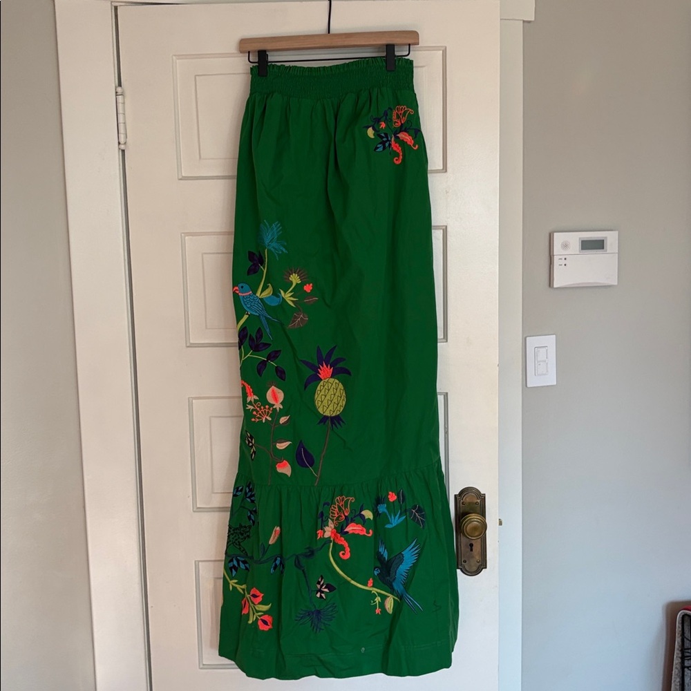 Anthropologie Green Strapless Dress with Floral Embroidery